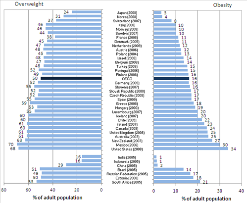 лишний вес и ожирение по странам 2010 год
